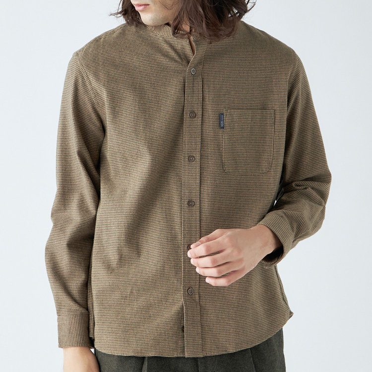 スタンリーブラッカ 【stanley blacker new york】【秋冬】ガンクラブチェックバンドカラーシャツ 茶淡色
