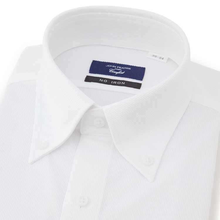 ＪＰコンフォート ネイビー 【発送在庫あり】【WEB限定】【JOHN PEARSE comfort navy】ボタンダウンカラーワイシャツ/ホワイト×ドビーストライプ/ULTRA MOVE「ニット素材」「ノーアイロン」「ストレッチ」「高通気性」 白
