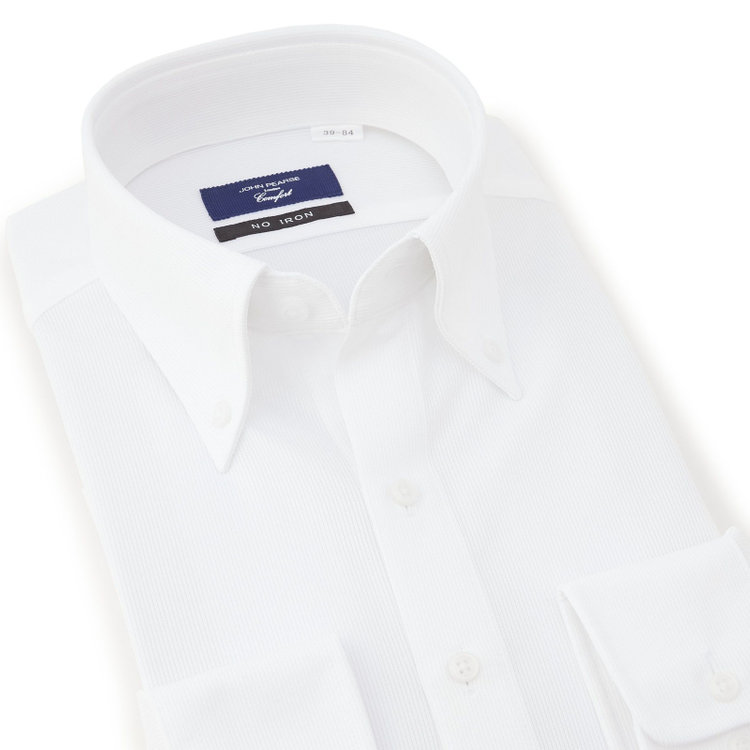 ＪＰコンフォート ネイビー 【発送在庫あり】【WEB限定】【JOHN PEARSE comfort navy】ボタンダウンカラーワイシャツ/ホワイト×ドビーストライプ/ULTRA MOVE「ニット素材」「ノーアイロン」「ストレッチ」「高通気性」 白