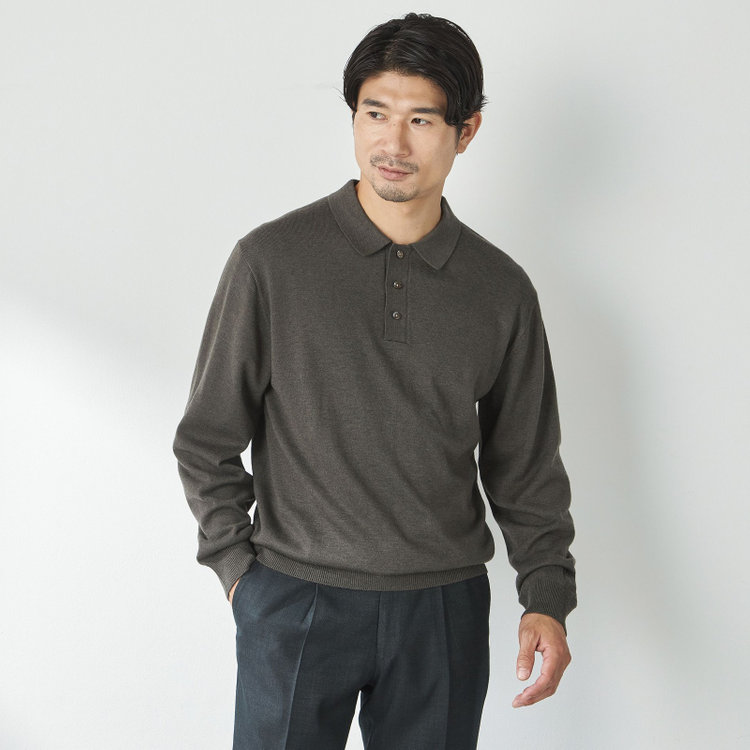 スタンリーブラッカ 【stanley blacker new york】【長袖】クラシックニットポロ/カーキ 黄淡色