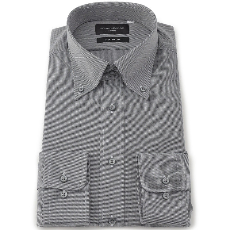 ジョンピアースブラック 【JOHN PEARSE Black】【ノーアイロン】ボタンダウンドレスワイシャツ/グレー×ドビー/ULTRA MOVE「ニット素材」「ノーアイロン」「ストレッチ」「高通気性」 グレー中間