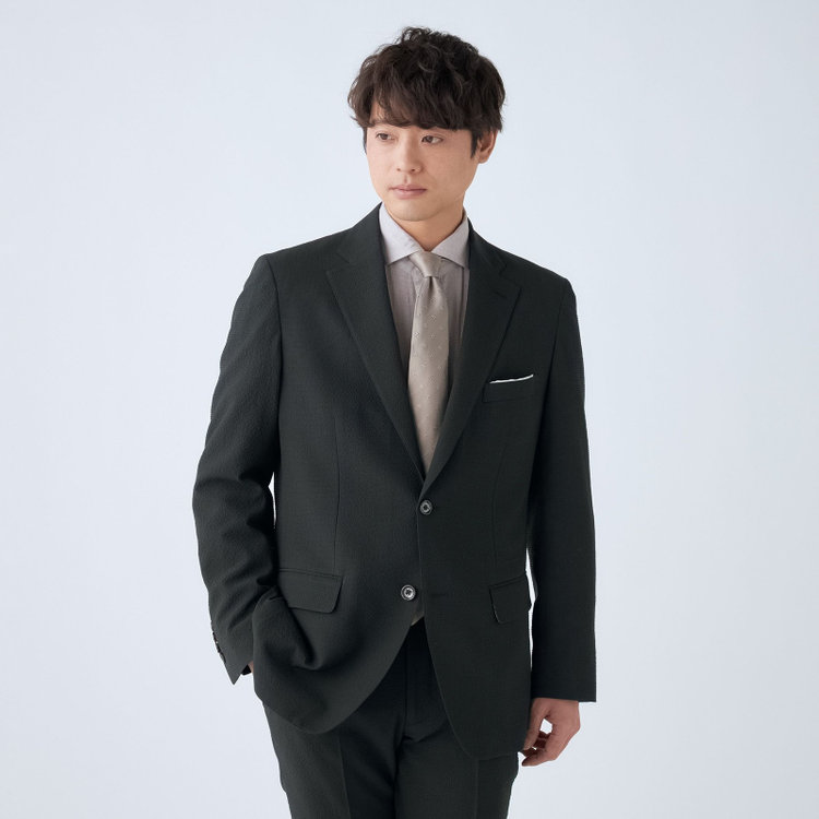 スタンリーブラッカ 【stanley blacker new york】【春夏】2釦シングルセットアップジャケット/カーキ×サッカー/ストレッチ 緑濃色