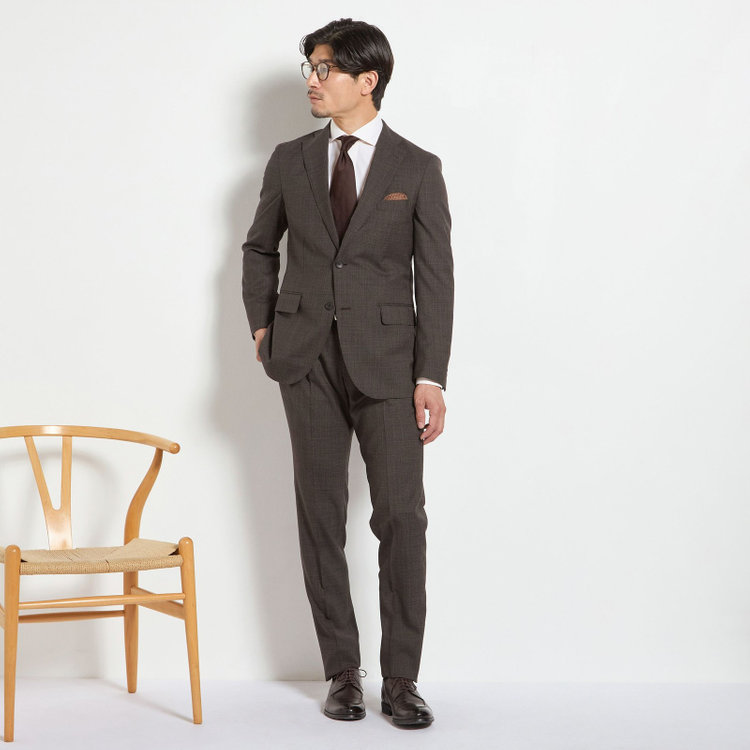 ＪＰ コンフォート 【JOHN PEARSE comfort】【春夏】2釦シングルスーツ ショートタック/ブラウン×チェック/REAL BROWN/NEW ZEALAND WOOL/SustainaBee Wool/※裾上げ必要 茶中間