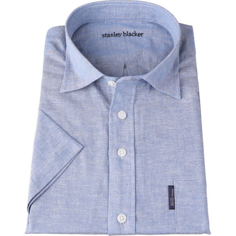 【stanley blacker】【半袖】リネンコットンボタンダウンシャツ/ブルー
