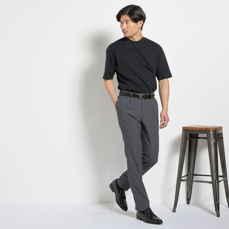ＪＰコンフォート ネイビー 【JOHN PEARSE comfort navy】【春夏】1タックパンツ/グレー×ドットエアー＆カラミ織り/ウエストムーブ仕様/※裾上げ必要 グレー中間