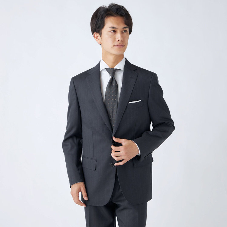 ＫＡＮＳＡＩＭＡＮ 【KANSAIMAN collection】【秋冬】2釦シングルスーツ ショートタック/ネイビー×ストライプ/REAL NAVY COLLECTION/NEW ZEALAND WOOLSHOWER CLEAN/SustainaBee Wool/※裾上げ必要 紺中間