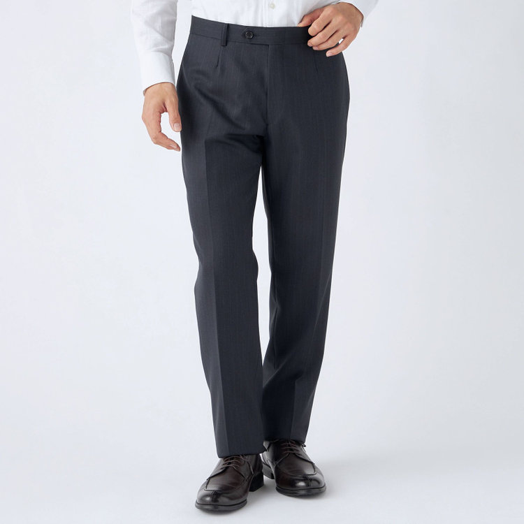 ＫＡＮＳＡＩＭＡＮ 【KANSAIMAN collection】【秋冬】2釦シングルスーツ ショートタック/ネイビー×ストライプ/REAL NAVY COLLECTION/NEW ZEALAND WOOLSHOWER CLEAN/SustainaBee Wool/※裾上げ必要 紺中間