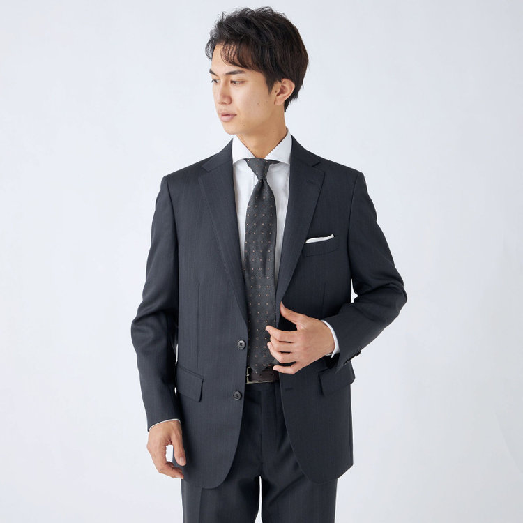 ＫＡＮＳＡＩＭＡＮ 【KANSAIMAN collection】【秋冬】2釦シングルスーツ ショートタック/ネイビー×ストライプ/REAL NAVY COLLECTION/NEW ZEALAND WOOLSHOWER CLEAN/SustainaBee Wool/※裾上げ必要 紺中間