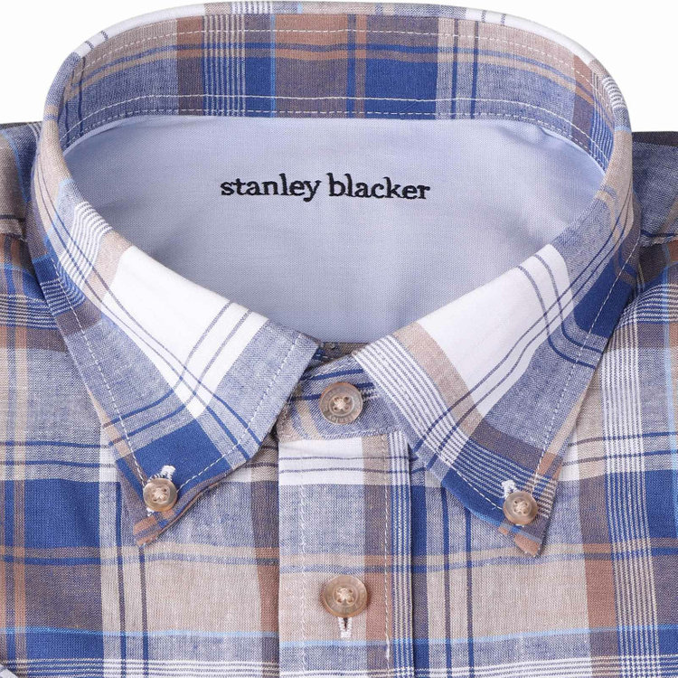 スタンリーブラッカ 【stanley blacker】【半袖】リネンコットンボタンダウンシャツ/ブルー＆ベージュ×チェック ベージュ系(薄茶)