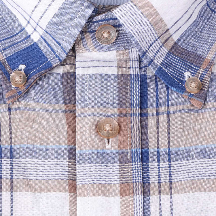 スタンリーブラッカ 【stanley blacker】【半袖】リネンコットンボタンダウンシャツ/ブルー＆ベージュ×チェック ベージュ系(薄茶)