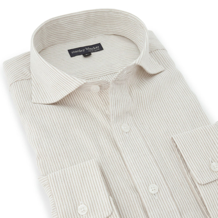 スタンリーブラッカ 【stanley blacker new york】【長袖】リネンブレンドカッタウェイシャツ/ベージュ＆ホワイト×ストライプ 茶淡色