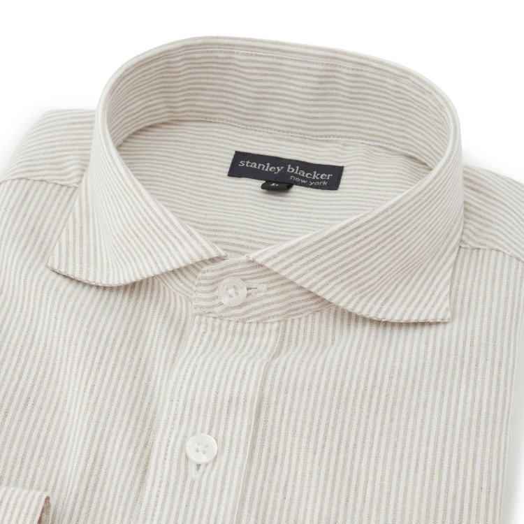 スタンリーブラッカ 【stanley blacker new york】【長袖】リネンブレンドカッタウェイシャツ/ベージュ＆ホワイト×ストライプ 茶淡色