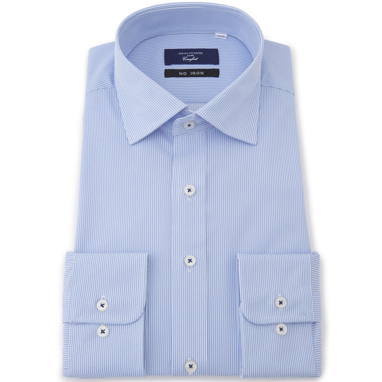 ＪＰコンフォート ネイビー 【JOHN PEARSE comfort navy】ワイドカラーワイシャツ/ブルー×ストライプ/ULTRA MOVE「ニット素材」「ノーアイロン」「ストレッチ」「高通気性」 青中間