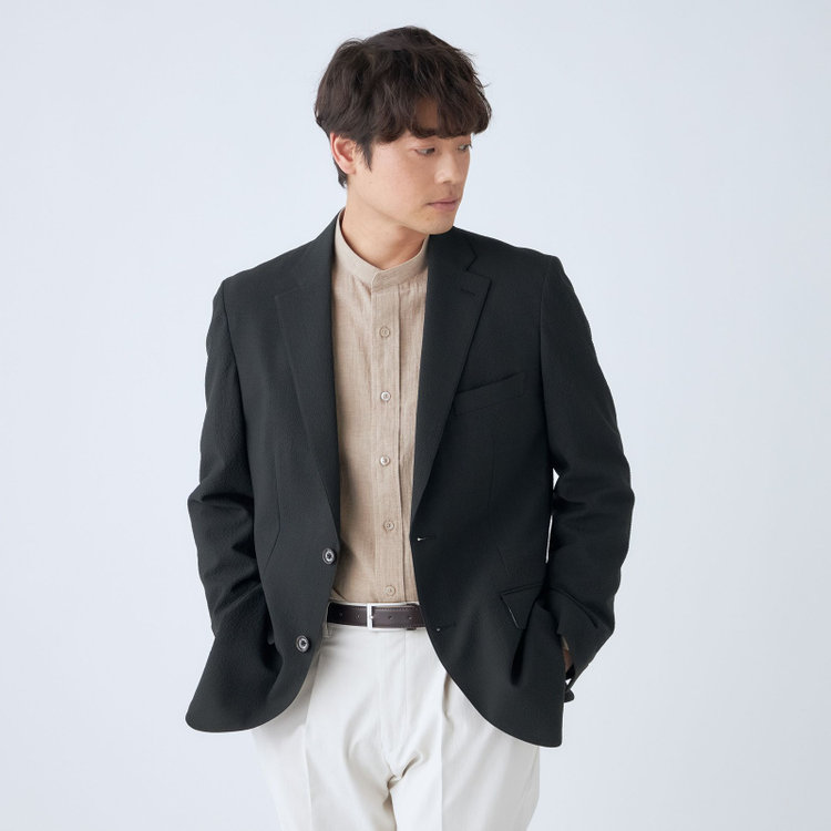 スタンリーブラッカ 【stanley blacker new york】【春夏】2釦シングルセットアップジャケット/カーキ×サッカー/ストレッチ 緑濃色