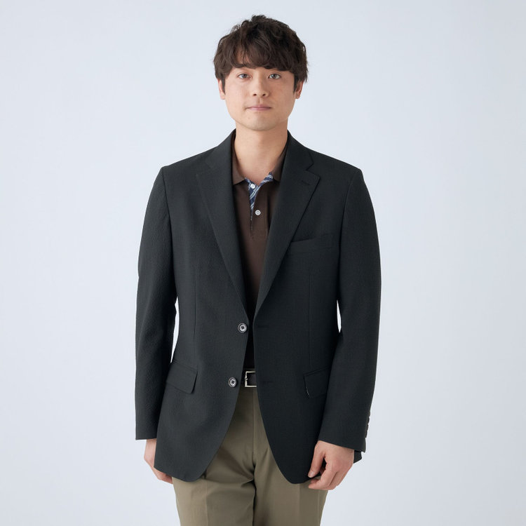 スタンリーブラッカ 【stanley blacker new york】【春夏】2釦シングルセットアップジャケット/カーキ×サッカー/ストレッチ 緑濃色