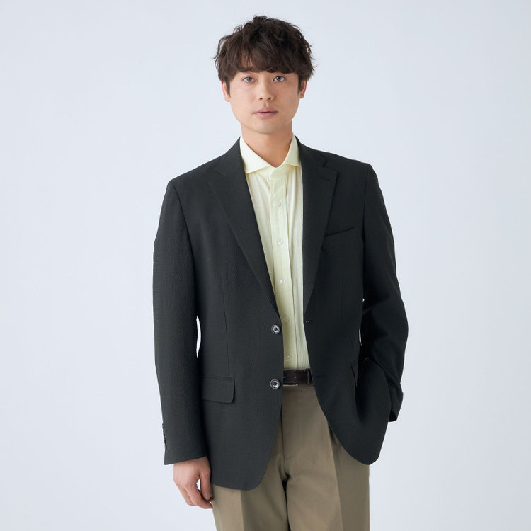 スタンリーブラッカ 【stanley blacker new york】【春夏】2釦シングルセットアップジャケット/カーキ×サッカー/ストレッチ 緑濃色
