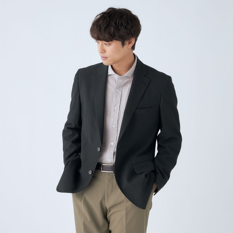 スタンリーブラッカ 【stanley blacker new york】【春夏】2釦シングルセットアップジャケット/カーキ×サッカー/ストレッチ 緑濃色