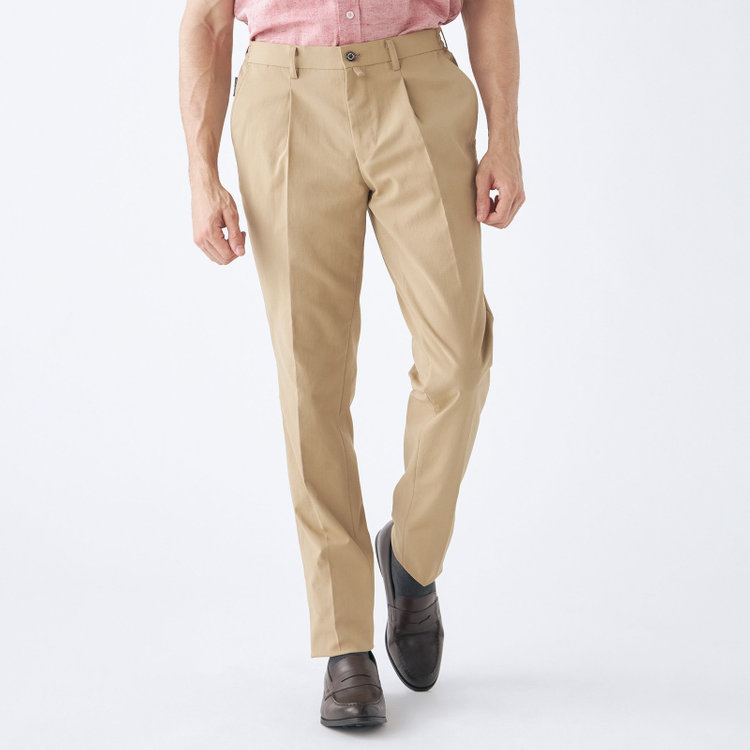スタンリーブラッカ 【stanley blacker new york】【春夏】1タックテーパードパンツ/ベージュ×テックコットンストレッチ/ウエストシャーリング仕様/※裾上げ必要 赤淡色