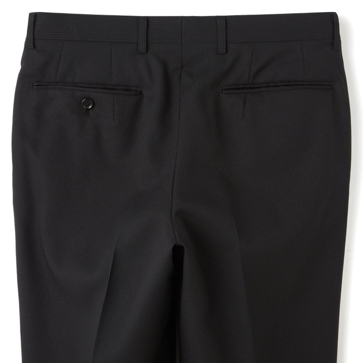 ハイスペックモーション 【HIGH SPEC MOTION】【年間】2釦シングルスーツ 0タック/ブラック×シャドーストライプ/パンツウォシャブル/※裾上げ必要 黒