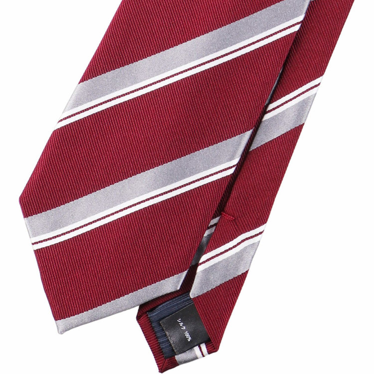 ジョンピアース 【JOHN PEARSE White】シルクストライプ柄ネクタイ/8.0cm;幅/ワイン×シルバー＆ホワイト ワイン系(赤)