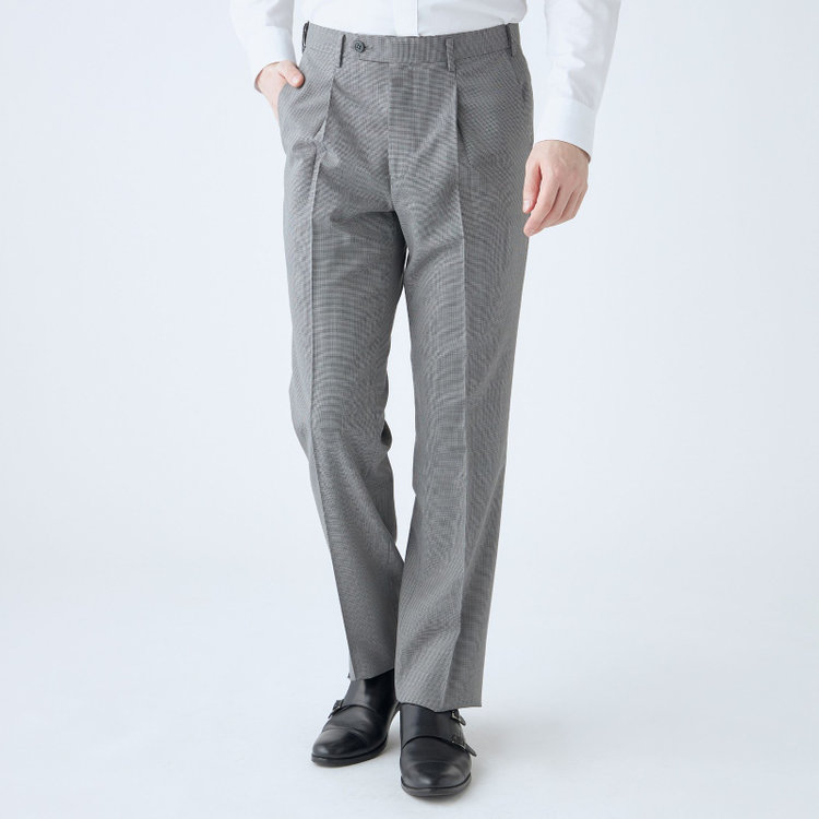 ジョンピアース 【JOHN PEARSE White】【春夏】ウールブレンド 1タックパンツ/グレー＆ブラック×ハウンドトゥース/ウエストムーブ仕様/※裾上げ必要 グレー中間