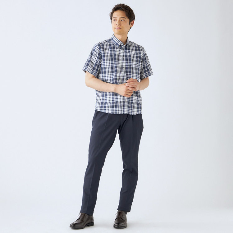 スタンリーブラッカ 【stanley blacker】【半袖】リネンブレンドボタンダウンシャツ/ネイビー＆ホワイト×チェック オフホワイト