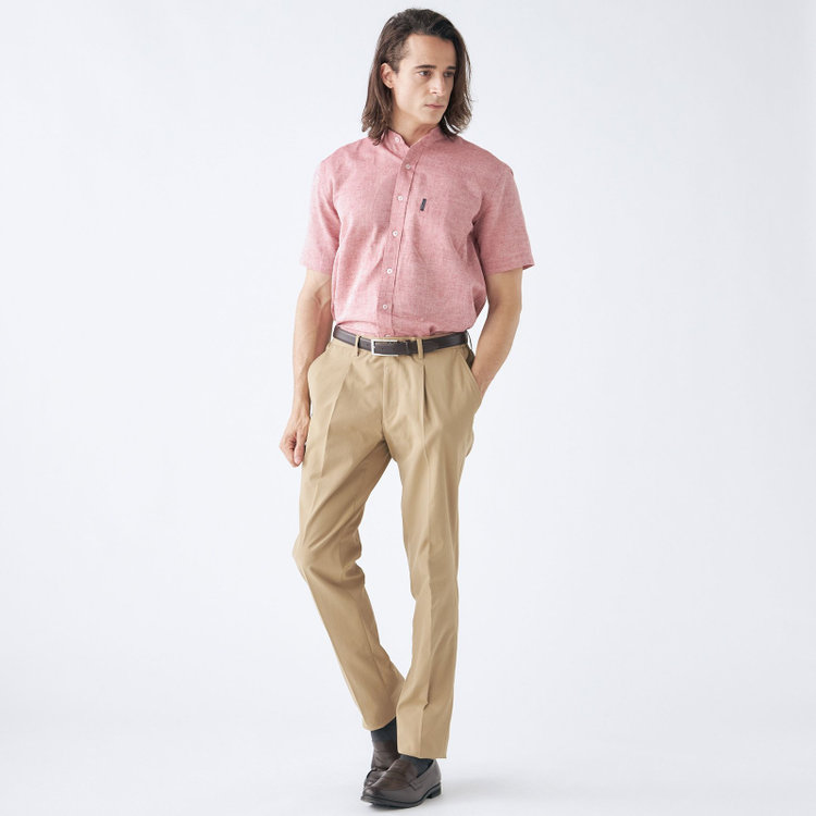 スタンリーブラッカ 【stanley blacker new york】【春夏】1タックテーパードパンツ/ベージュ×テックコットンストレッチ/ウエストシャーリング仕様/※裾上げ必要 赤淡色