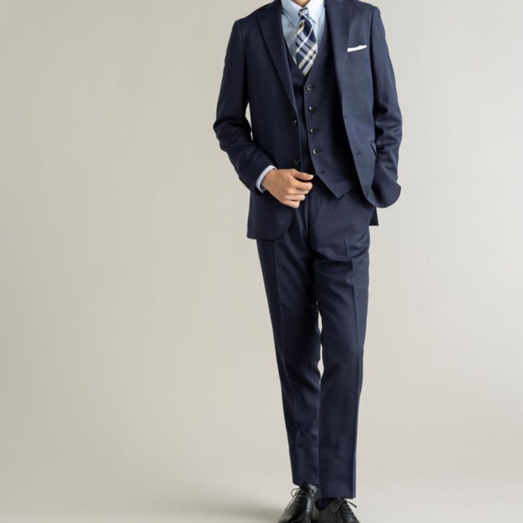 ＪＰ コンフォート 【JOHN PEARSE comfort】【年間】2釦シングルスリーピーススーツ ショートタック/ネイビー/ウエストシャーリング仕様/「ULTRA MOVE」ストレッチ・ウォッシャブル/※裾上げ必要 青中間