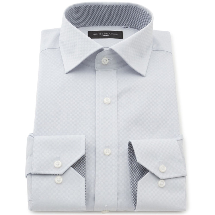 ジョンピアースブラック 【JOHN PEARSE Black】【SLIM】【形態安定】ワイドカラードレスワイシャツ/グレー×ドビーチェック/襟袖裏別布 グレー淡色