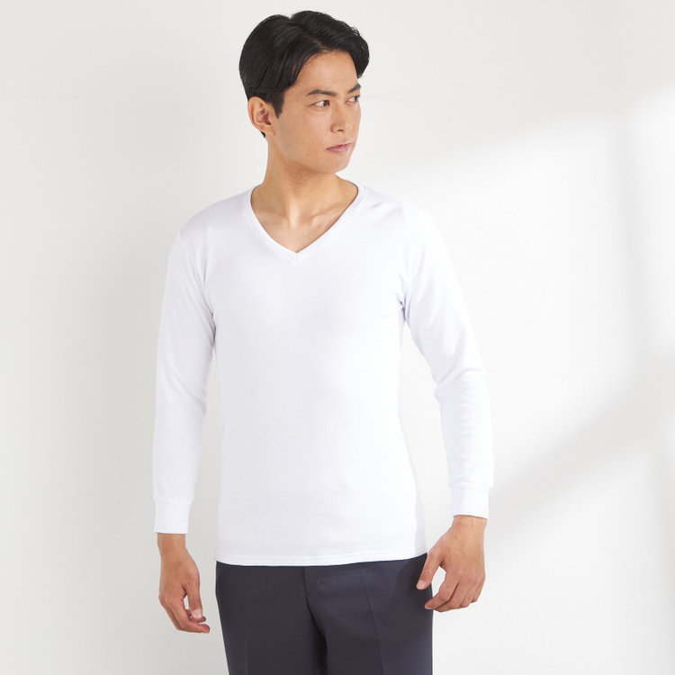 【HOTMOVE EX +2℃】Vネック長袖Tシャツ(ホワイト系・無地)