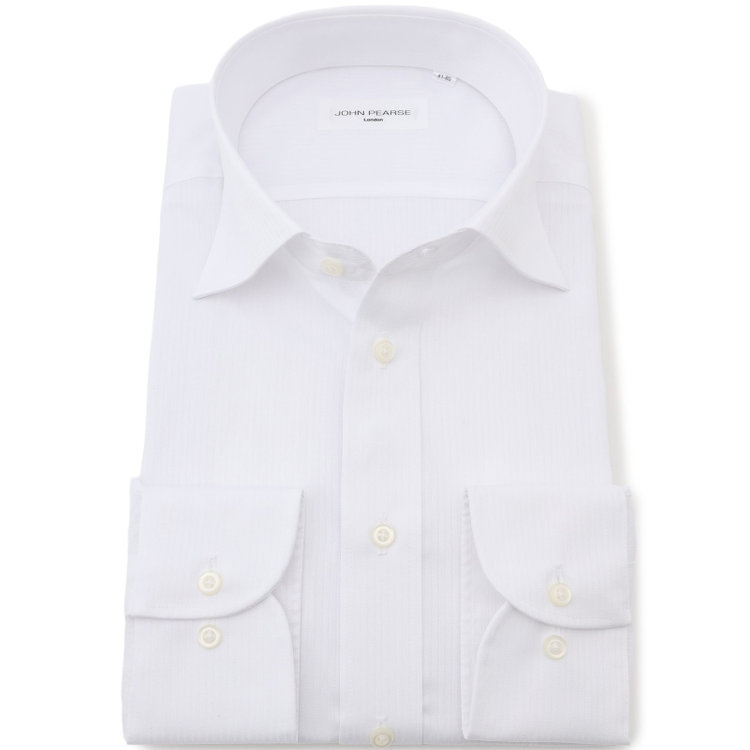 ジョンピアース 【JOHN PEARSE White】【形態安定】ワイドカラードレスシャツ/ホワイト×ドビーストライプ/Oil guard 白