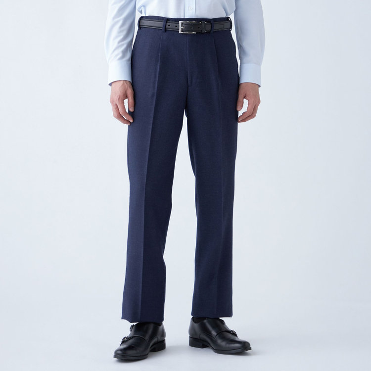 ジョンピアース 【JOHN PEARSE White】【秋冬】ウール高機能ポリエステルブレンド 1タックスラックス/ネイビー×ハウンドトゥース/ウエストムーブ仕様/ULTRA MOVE/裾上げ必要 紺濃色