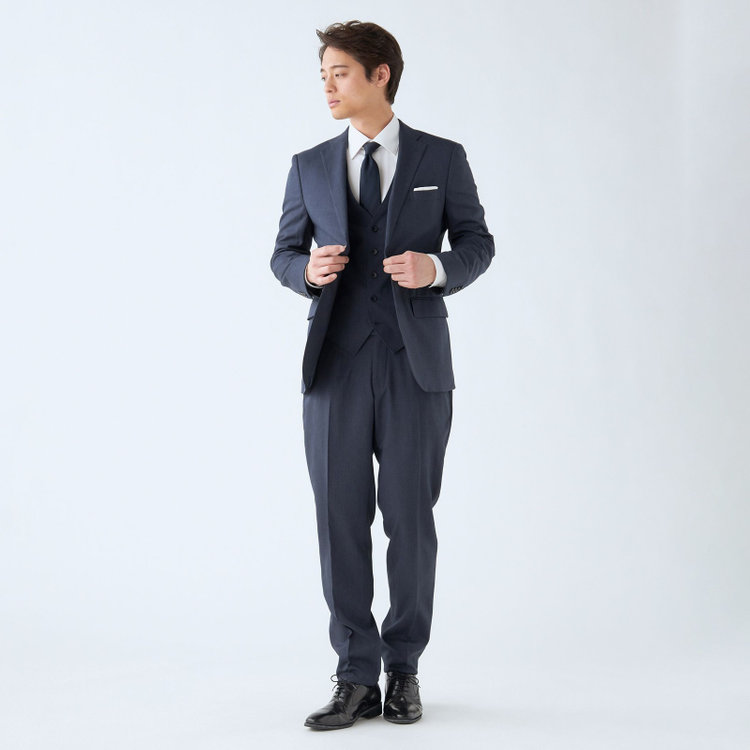 ＪＰ コンフォート 【JOHN PEARSE comfort】【年間】スリーピース2釦シングルスーツ ショートタック/ネイビー×チェック/ULTRA MOVE/ウォッシャブル/※裾上げ必要 紺中間