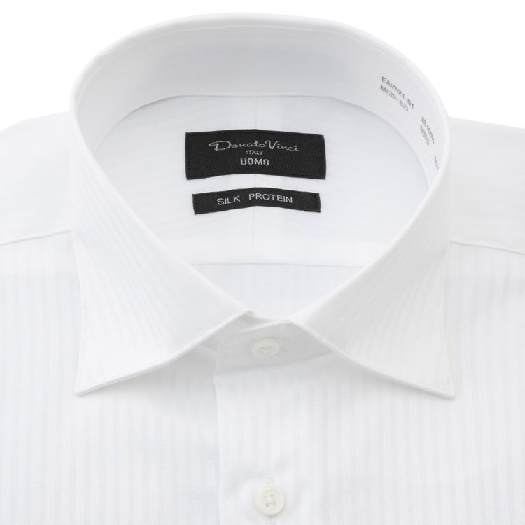 ドナートヴィンチウォモ 【Donato Vinci Italy Uomo】【STYLISH】【形態安定】【綿100％】ワイドカラードレスワイシャツ/ホワイト×ドビーストライプ/SILK PROTEIN 白