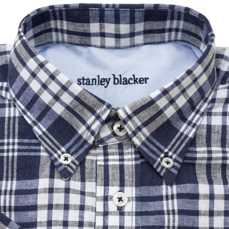 スタンリーブラッカ 【stanley blacker】【半袖】リネンブレンドボタンダウンシャツ/ネイビー＆ホワイト×チェック オフホワイト
