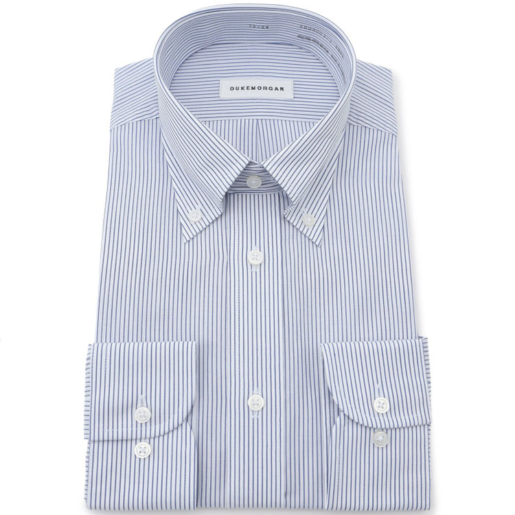 ＤＵＫＥ ＭＯＲＧＡ 【形態安定】ボタンダウンワイシャツ/ホワイト×ネイビーストライプ 青濃色