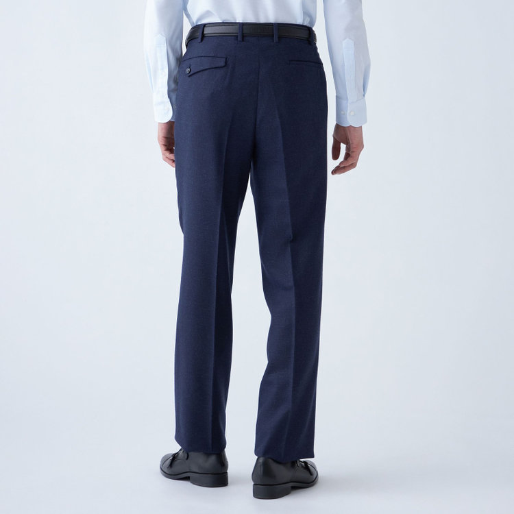 ジョンピアース 【JOHN PEARSE White】【秋冬】ウール高機能ポリエステルブレンド 1タックスラックス/ネイビー×ハウンドトゥース/ウエストムーブ仕様/ULTRA MOVE/裾上げ必要 紺濃色