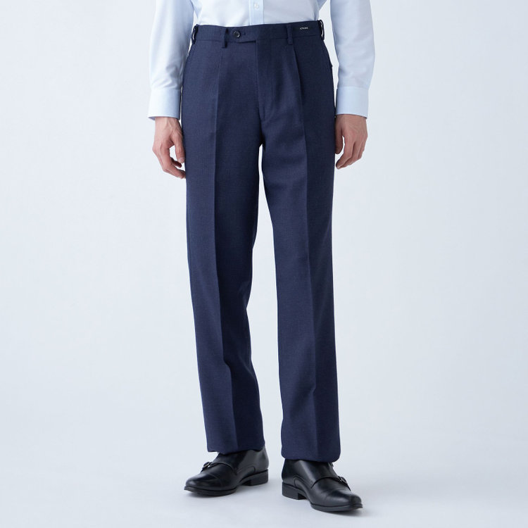 ジョンピアース 【JOHN PEARSE White】【秋冬】ウール高機能ポリエステルブレンド 1タックスラックス/ネイビー×ハウンドトゥース/ウエストムーブ仕様/ULTRA MOVE/裾上げ必要 紺濃色