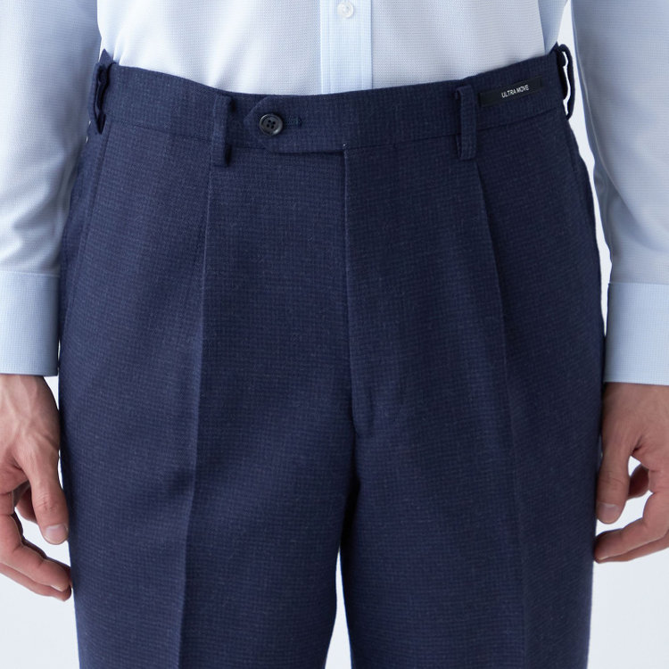 ジョンピアース 【JOHN PEARSE White】【秋冬】ウール高機能ポリエステルブレンド 1タックスラックス/ネイビー×ハウンドトゥース/ウエストムーブ仕様/ULTRA MOVE/裾上げ必要 紺濃色