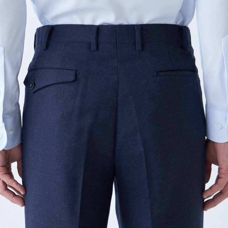 ジョンピアース 【JOHN PEARSE White】【秋冬】ウール高機能ポリエステルブレンド 1タックスラックス/ネイビー×ハウンドトゥース/ウエストムーブ仕様/ULTRA MOVE/裾上げ必要 紺濃色