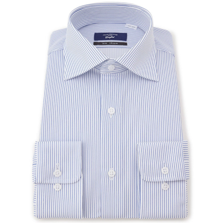【発送在庫あり】【WEB限定】【JOHN PEARSE comfort navy】ワイドカラーワイシャツ/ホワイト×ネイビーストライプ/ULTRA MOVE「ニット素材」「ノーアイロン」「ストレッチ」「高通気性」