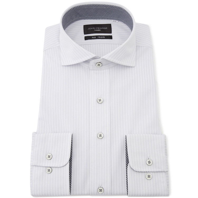 KONAKA　アウトレット 【WEB限定/OUTLET/汚れ・キズ等有】【JOHN PEARSE Black】【ノーアイロン】ホリゾンタルワイドドレスワイシャツ/グレー×ホワイトストライプ/襟裏別布：チェック/ULTRA MOVE「ニット素材」「ストレッチ」「高通気性」 グレー淡色