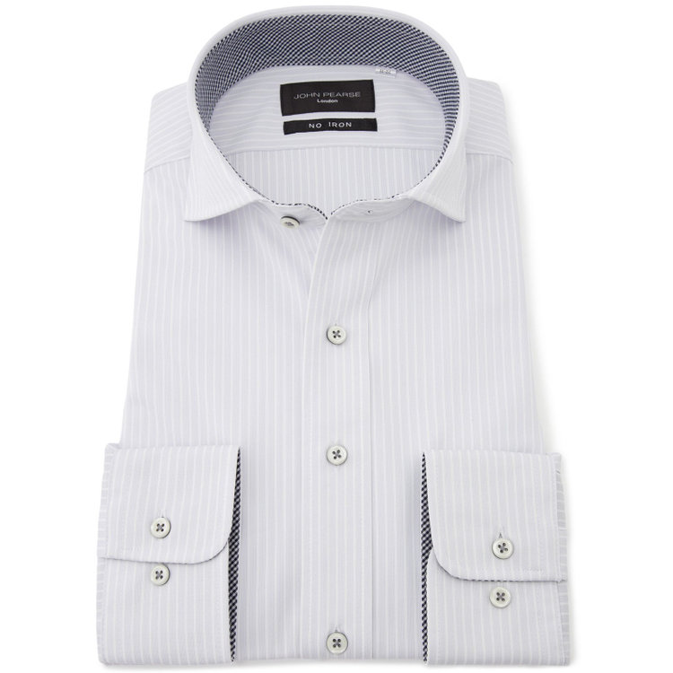 KONAKA　アウトレット 【WEB限定/OUTLET/汚れ・キズ等有】【JOHN PEARSE Black】【ノーアイロン】ホリゾンタルワイドドレスワイシャツ/グレー×ホワイトストライプ/襟裏別布：チェック/ULTRA MOVE「ニット素材」「ストレッチ」「高通気性」 グレー淡色