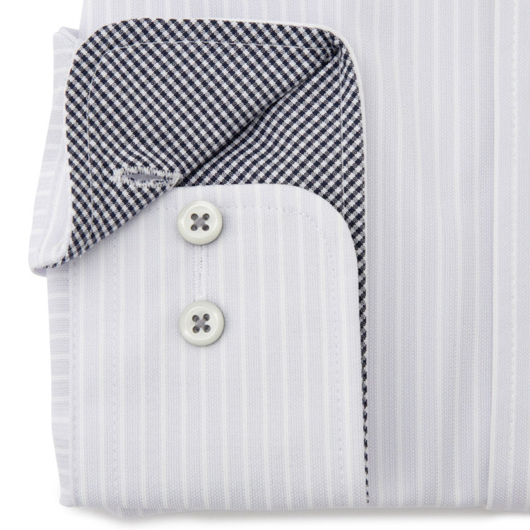 KONAKA　アウトレット 【WEB限定/OUTLET/汚れ・キズ等有】【JOHN PEARSE Black】【ノーアイロン】ホリゾンタルワイドドレスワイシャツ/グレー×ホワイトストライプ/襟裏別布：チェック/ULTRA MOVE「ニット素材」「ストレッチ」「高通気性」 グレー淡色