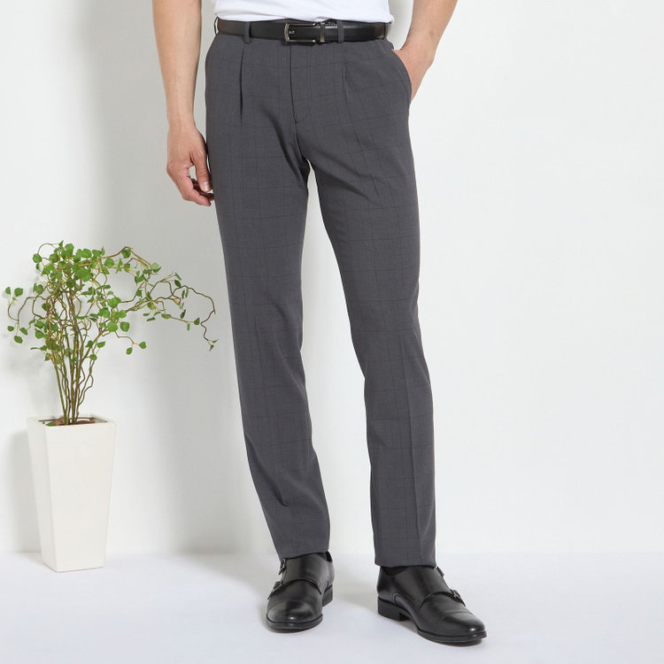 ジョンピアース 【発送在庫あり】【ファブリーズ認定！抗菌消臭加工】【JOHN PEARSE White】【春夏】1タックパンツ/グレー×グレンチェック/ULTRA MOVE/ウエストムーブ仕様/※裾上げ必要 グレー中間