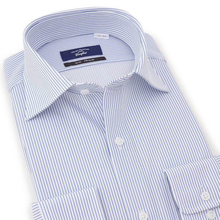 ＪＰコンフォート ネイビー 【発送在庫あり】【WEB限定】【JOHN PEARSE comfort navy】ワイドカラーワイシャツ/ホワイト×ネイビーストライプ/ULTRA MOVE「ニット素材」「ノーアイロン」「ストレッチ」「高通気性」 紺中間
