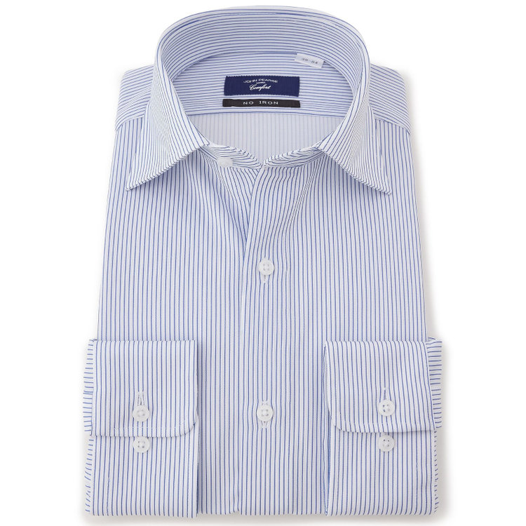 ＪＰコンフォート ネイビー 【発送在庫あり】【WEB限定】【JOHN PEARSE comfort navy】ワイドカラーワイシャツ/ホワイト×ネイビーストライプ/ULTRA MOVE「ニット素材」「ノーアイロン」「ストレッチ」「高通気性」 紺中間