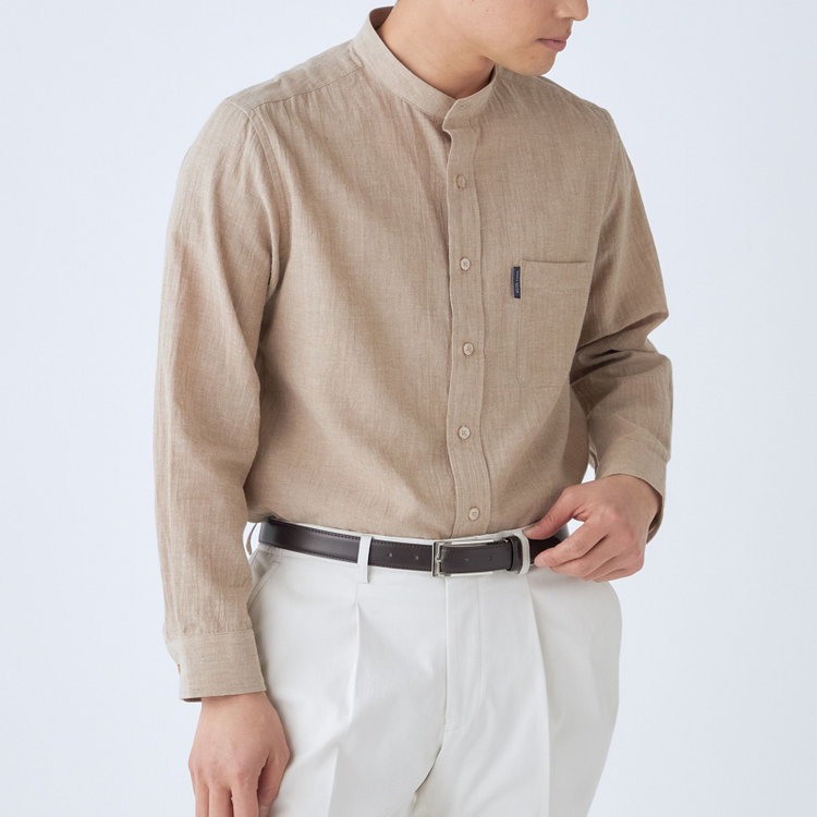 スタンリーブラッカ 【stanley blacker new york】【長袖】リネンブレンドバンドカラー/ベージュ 茶淡色
