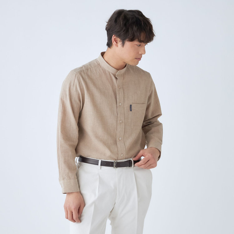 スタンリーブラッカ 【stanley blacker new york】【長袖】リネンブレンドバンドカラー/ベージュ 茶淡色