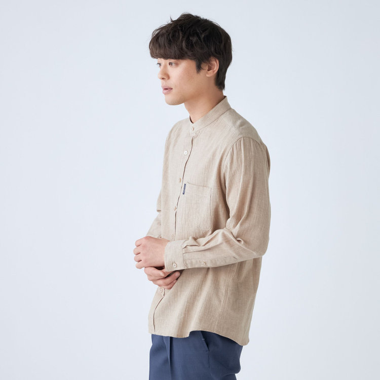 スタンリーブラッカ 【stanley blacker new york】【長袖】リネンブレンドバンドカラー/ベージュ 茶淡色